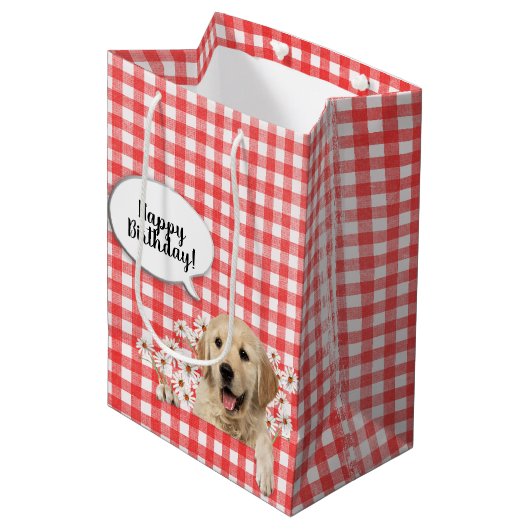 Golden Retriever in dagboeken op rode gingham Medium Cadeauzakje (Voorkant Gekanteld)