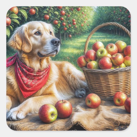 Golden Retriever in de appelboomgaard Vierkante Sticker (Voorkant)