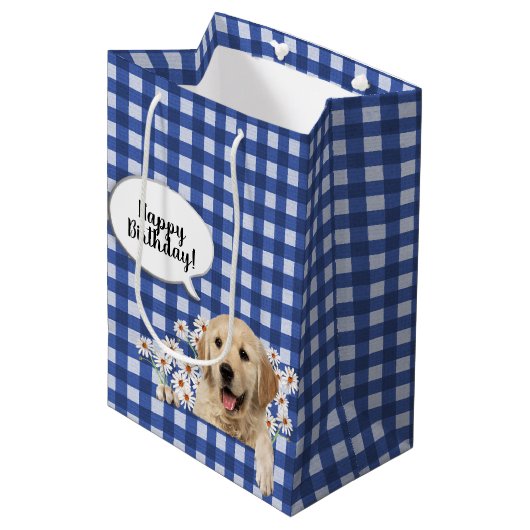 Golden Retriever in de maisies op blauwe gingham Medium Cadeauzakje (Voorkant Gekanteld)