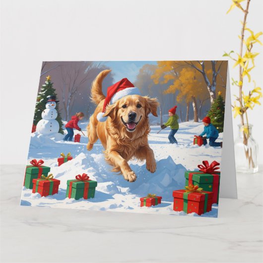 Golden Retriever in de sneeuw met kerstmuts Kaart (Gele Bloem)