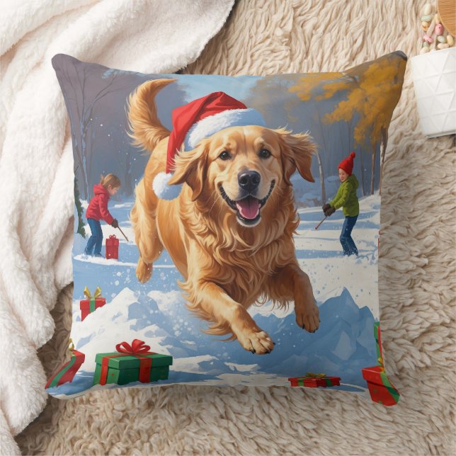 Golden Retriever in de sneeuw met kerstmuts Kussen (Deken)