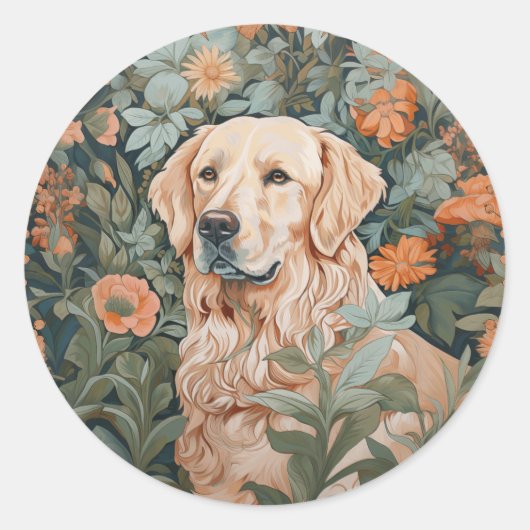 Golden Retriever in de stijl van William Morris Ronde Sticker (Voorkant)