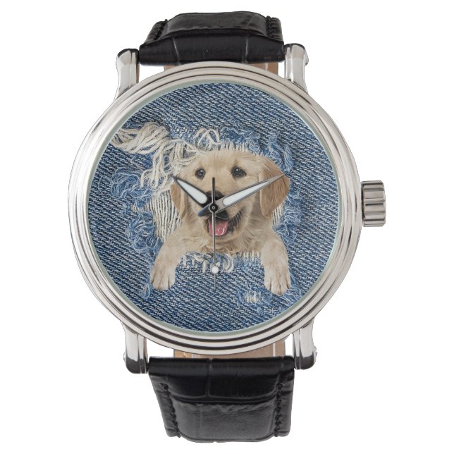 Golden Retriever in Denim Hole Horloge (Voorkant)