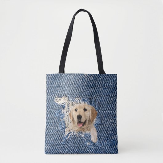 Golden Retriever in Denim Hole Tote Bag (Voorkant)