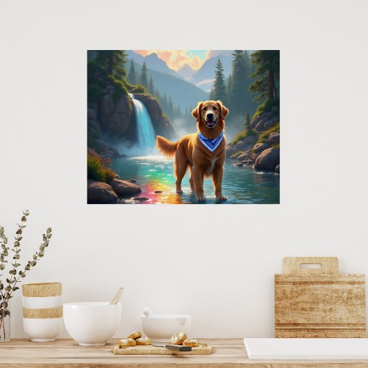 Golden Retriever in een Fantasy Rainbow River Poster (Keuken)