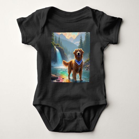 Golden Retriever in een Fantasy Rainbow River Romper (Voorkant)