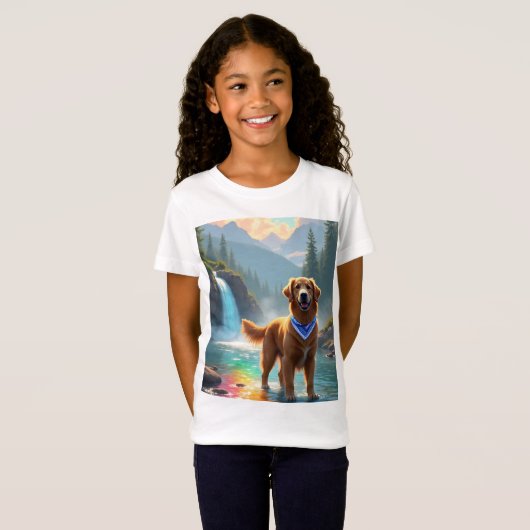 Golden Retriever in een Fantasy Rainbow River T-shirt (Voorkant volledig)