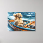 Golden Retriever in een  houten motorboot Canvas Afdruk (Voorkant)