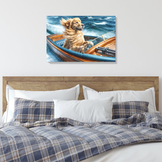 Golden Retriever in een  houten motorboot Canvas Afdruk (Insitu (Slaapkamer))