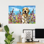 Golden Retriever in een Meadow of Snapdragons Poster (Thuiskantoor)