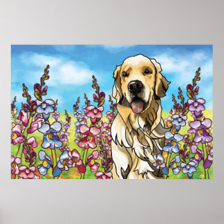 Golden Retriever in een Meadow of Snapdragons Poster