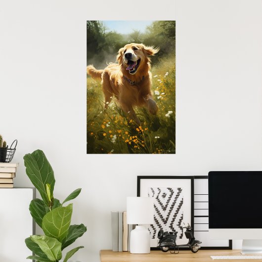 Golden Retriever in een Sunlit Meadow Poster (Thuiskantoor)