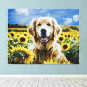 Golden Retriever in een Zonnebloemenveld Canvas Afdruk (Insitu (Houten vloer))