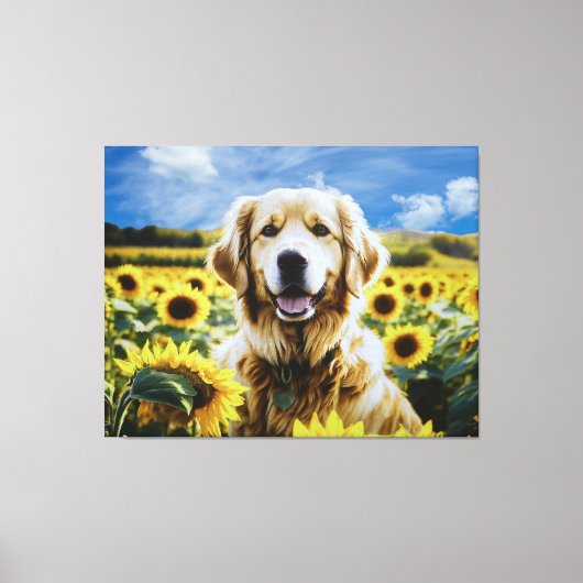 Golden Retriever in een Zonnebloemenveld Canvas Afdruk (Voorkant)
