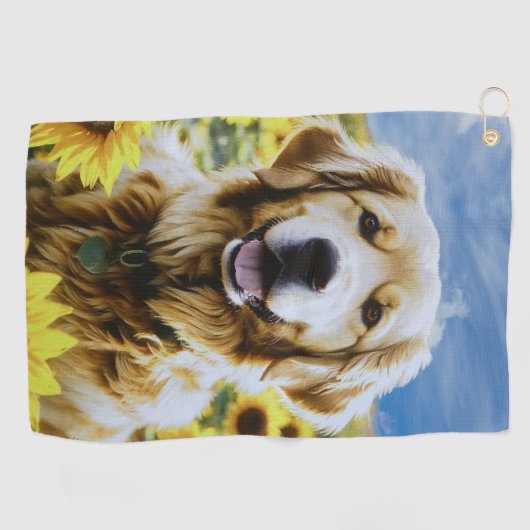 Golden Retriever in een Zonnebloemenveld Golfhanddoek (Horizontaal)