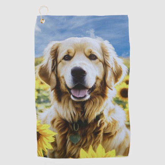 Golden Retriever in een Zonnebloemenveld Golfhanddoek (Voorkant)