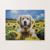 Golden Retriever in een Zonnebloemenveld Legpuzzel (Horizontaal)