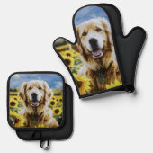 Golden Retriever in een Zonnebloemenveld Ovenwant & Pannenlap Set (Voorkant / Achterkant)