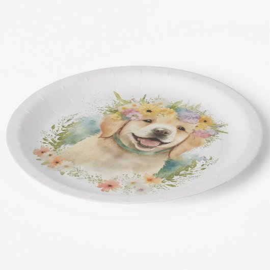 Golden Retriever in Floral Laurel Wreath Papieren Bordje (Gekanteld)