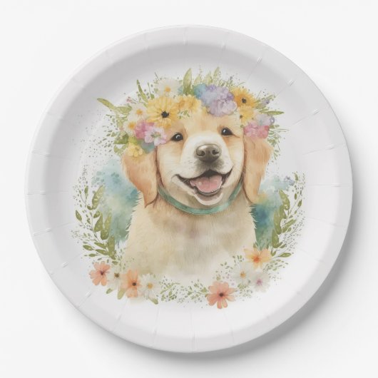 Golden Retriever in Floral Laurel Wreath Papieren Bordje (Voorkant)