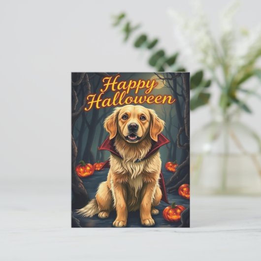 Golden Retriever in Heksenhond Halloween Schattige Briefkaart (Staand voorkant)