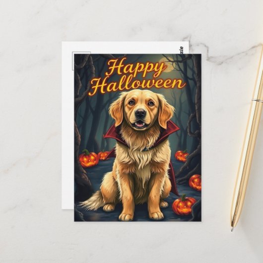 Golden Retriever in Heksenhond Halloween Schattige Briefkaart (Voorkant / Achterkant in situ)