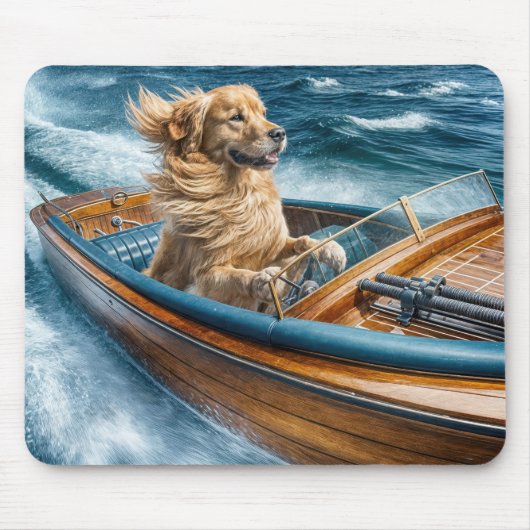 Golden Retriever in houten motorboot Muismat (Voorkant)
