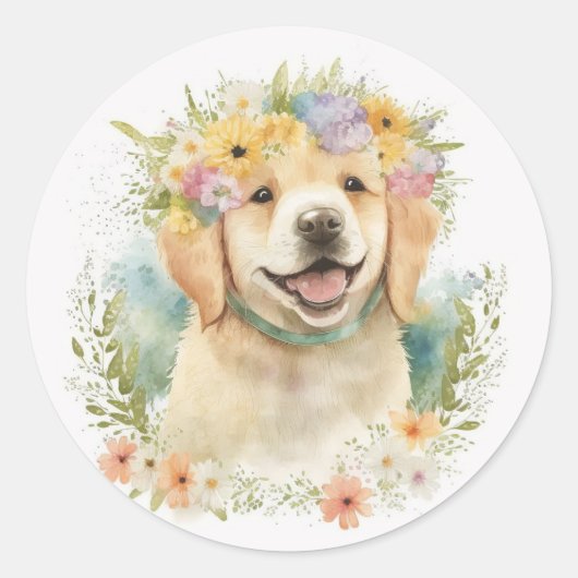 Golden Retriever in Laurel Wreath Ronde Sticker (Voorkant)