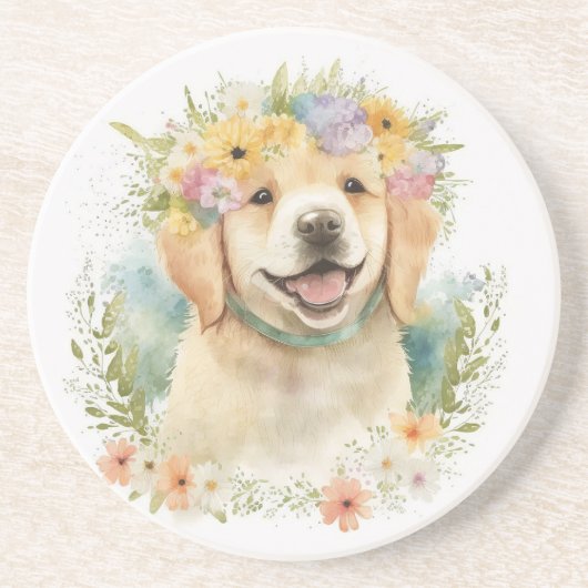 Golden Retriever in Laurel Wreath Zandsteen Onderzetter (Voorkant)