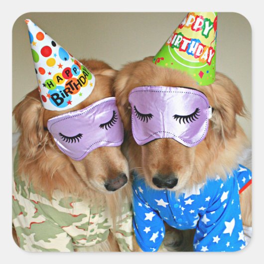 Golden Retriever in Pajamas Birthday Vierkante Sticker (Voorkant)