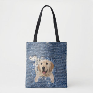 Golden Retriever in rafated blauw denim gat Tote Bag
