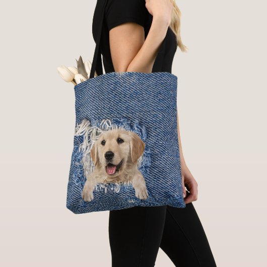 Golden Retriever in rafated blauw denim gat Tote Bag (Dichtbij)