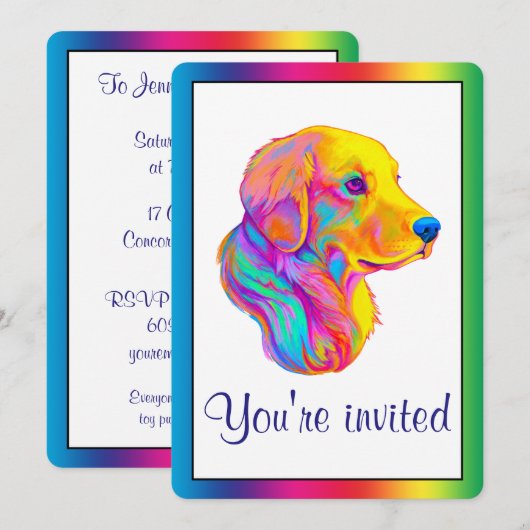 Golden Retriever in Rainbow Invite Kaart (Voorkant / Achterkant)
