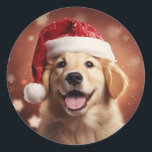 Golden Retriever in Santa Hat Ronde Sticker<br><div class="desc">Golden Retriever in een kerstmuts Kerst stickers.</div>