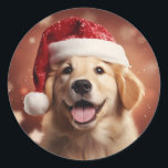 Golden Retriever in Santa Hat Ronde Sticker<br><div class="desc">Golden Retriever in een kerstmuts Kerst stickers.</div>