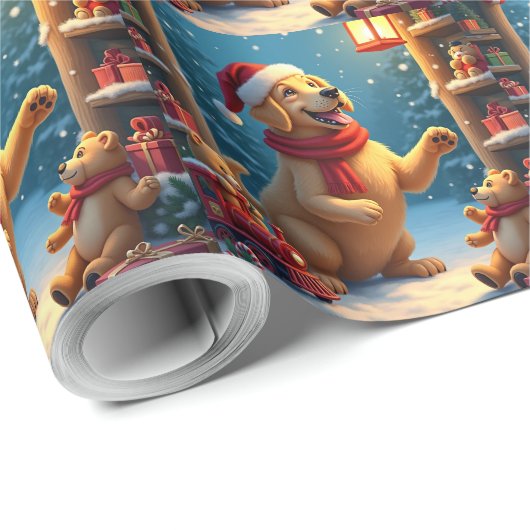 Golden Retriever in Santa’s Workshop Christmas Cadeaupapier (Rol Hoek)