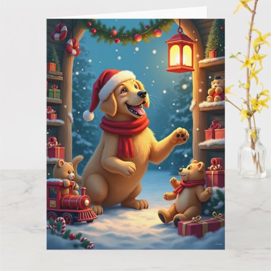 Golden Retriever in Santa’s Workshop Christmas Kaart (Gele Bloem)