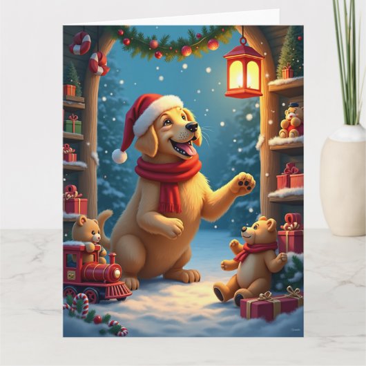 Golden Retriever in Santa’s Workshop Christmas Kaart (Voorkant)