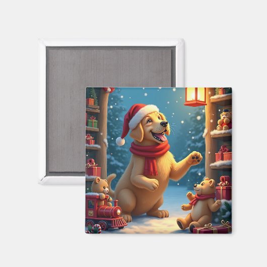 Golden Retriever in Santa’s Workshop Christmas Magneet (Voorkant / Achterkant)
