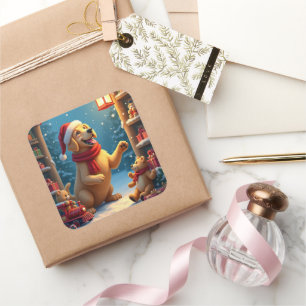 Golden Retriever in Santa's Werkplaats Kerstmis Vierkante Sticker