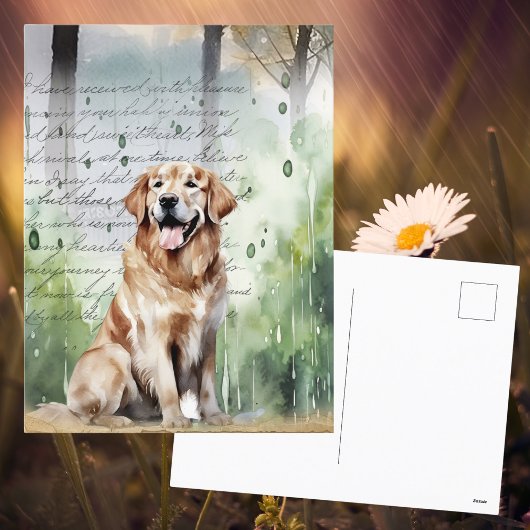 Golden Retriever in Spring Rain Waterverf Feestdagenkaart