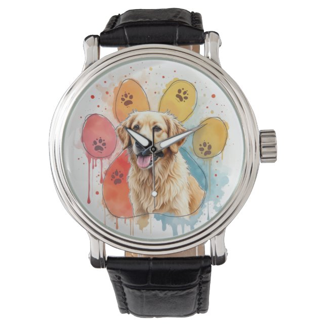 Golden Retriever in Waterverf Paw Print Horloge (Voorkant)
