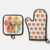 Golden Retriever in Waterverf Paw Print Ovenwant & Pannenlap Set (Voorkant)