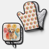 Golden Retriever in Waterverf Paw Print Ovenwant & Pannenlap Set (Voorkant / Achterkant)
