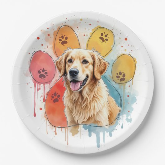 Golden Retriever in Waterverf Paw Print Papieren Bordje (Voorkant)