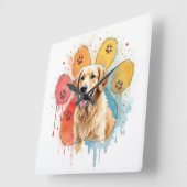 Golden Retriever in Waterverf Paw Print Vierkante Klok (Hoek)