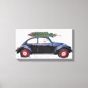 Golden Retriever in zwarte auto met kerstboom Canvas Afdruk