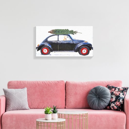 Golden Retriever in zwarte auto met kerstboom Canvas Afdruk (Insitu (Woonkamer))