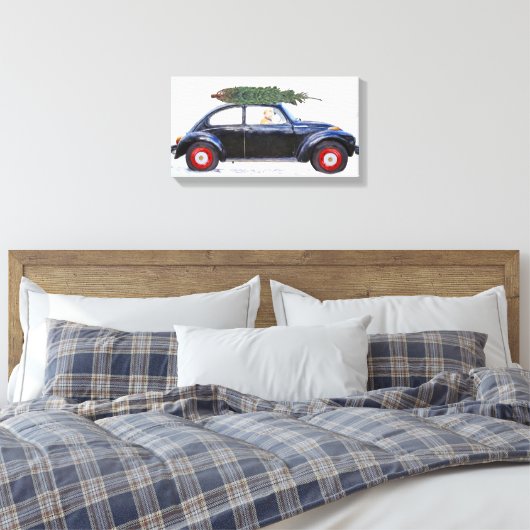 Golden Retriever in zwarte auto met kerstboom Canvas Afdruk (Insitu (Slaapkamer))