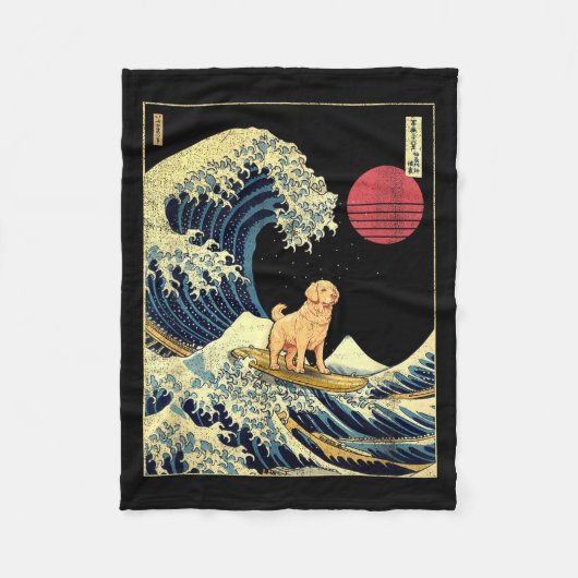 Golden Retriever Japanese Kanagawa Wave Funny Surf Fleece Deken (Voorkant)